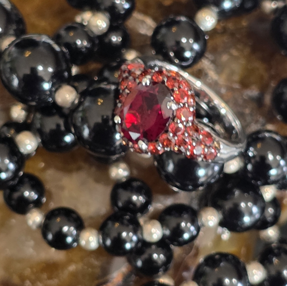 Ornate Garnet and Sterling Silver Ring with Intricate Surrounding Stones Size 5